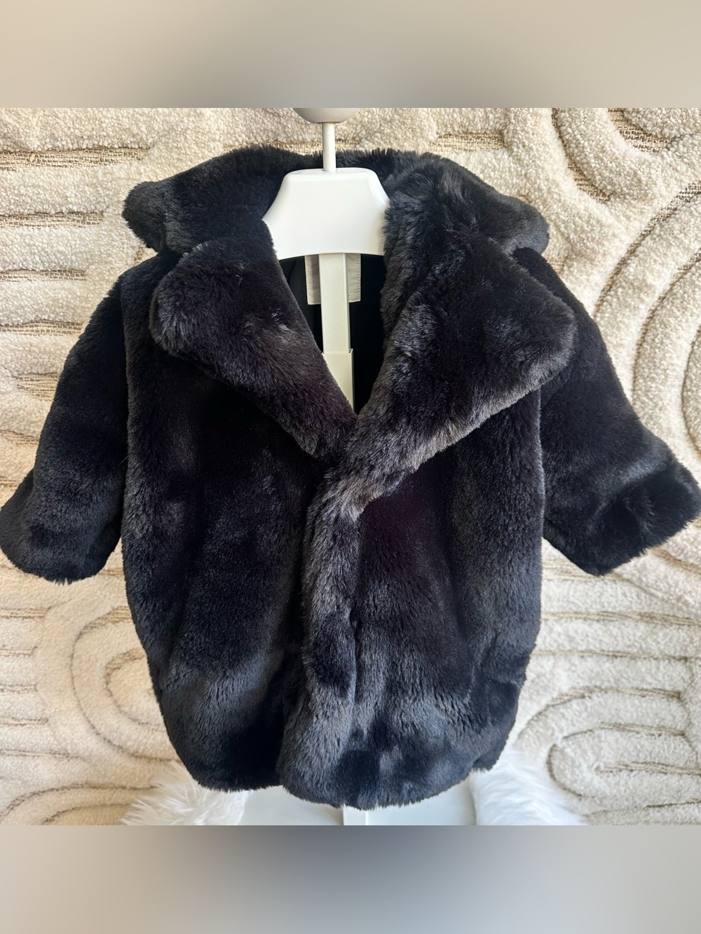 Kids Omami Mini Slightly Oversized Black Faux Fur Coat | Size 2T